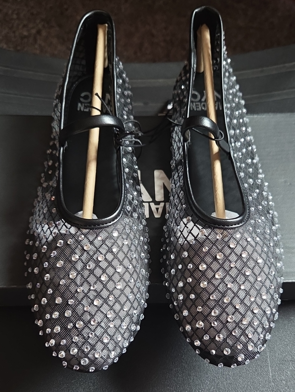 Crystal-Studded Black Ballet Flats with Elastic Strap